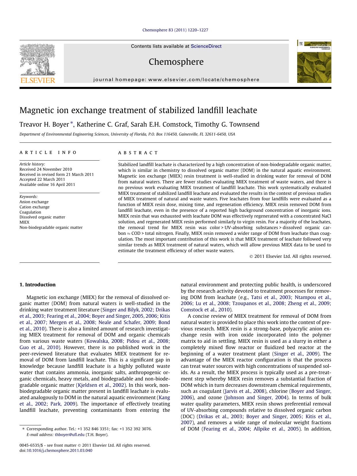 Magnetic ion exchange treatment of stabilized landfill leachate by Treavor H. Boyer & Katherine C. Graf & Sarah E.H. Comstock & Timothy G. Townsend