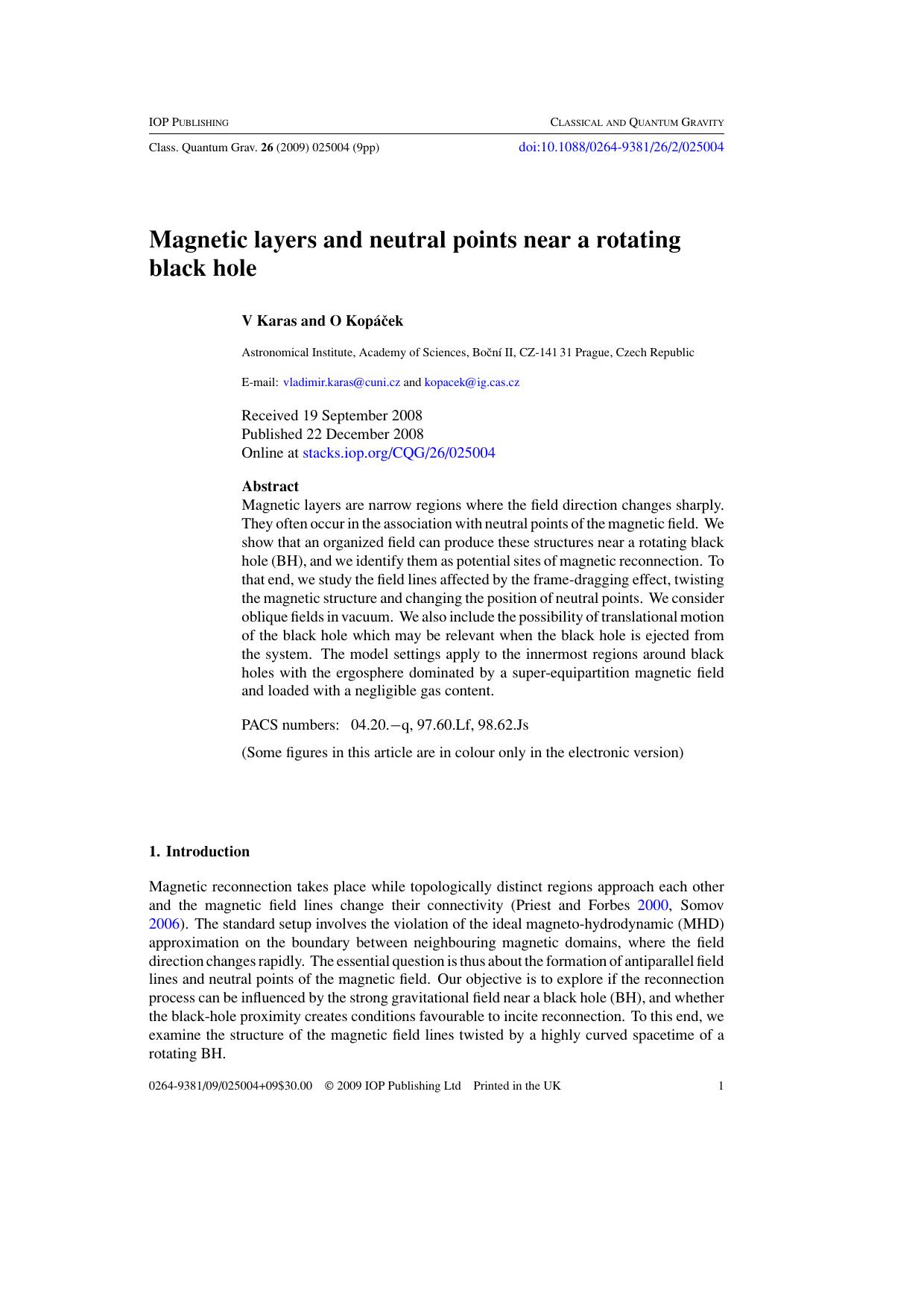 Magnetic layers and neutral points near a rotating black hole by V Karas and O Kopacek
