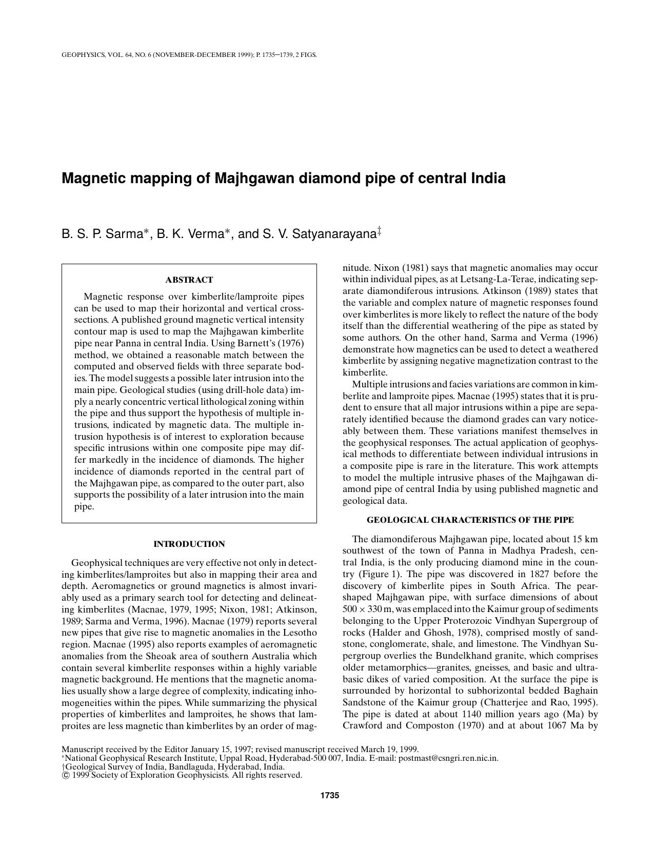 Magnetic mapping of Majhgawan diamond pipe of central India by B.S.P. Sarma B.K. Verma S.V. Satyanarayana