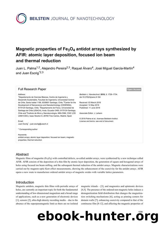 Magnetic properties of Fe3O4 antidot arrays synthesized by AFIR: atomic layer deposition, focused ion beam and thermal reduction by Juan L. Palma Alejandro Pereira Raquel Álvaro José Miguel García-Martín Juan Escrig
