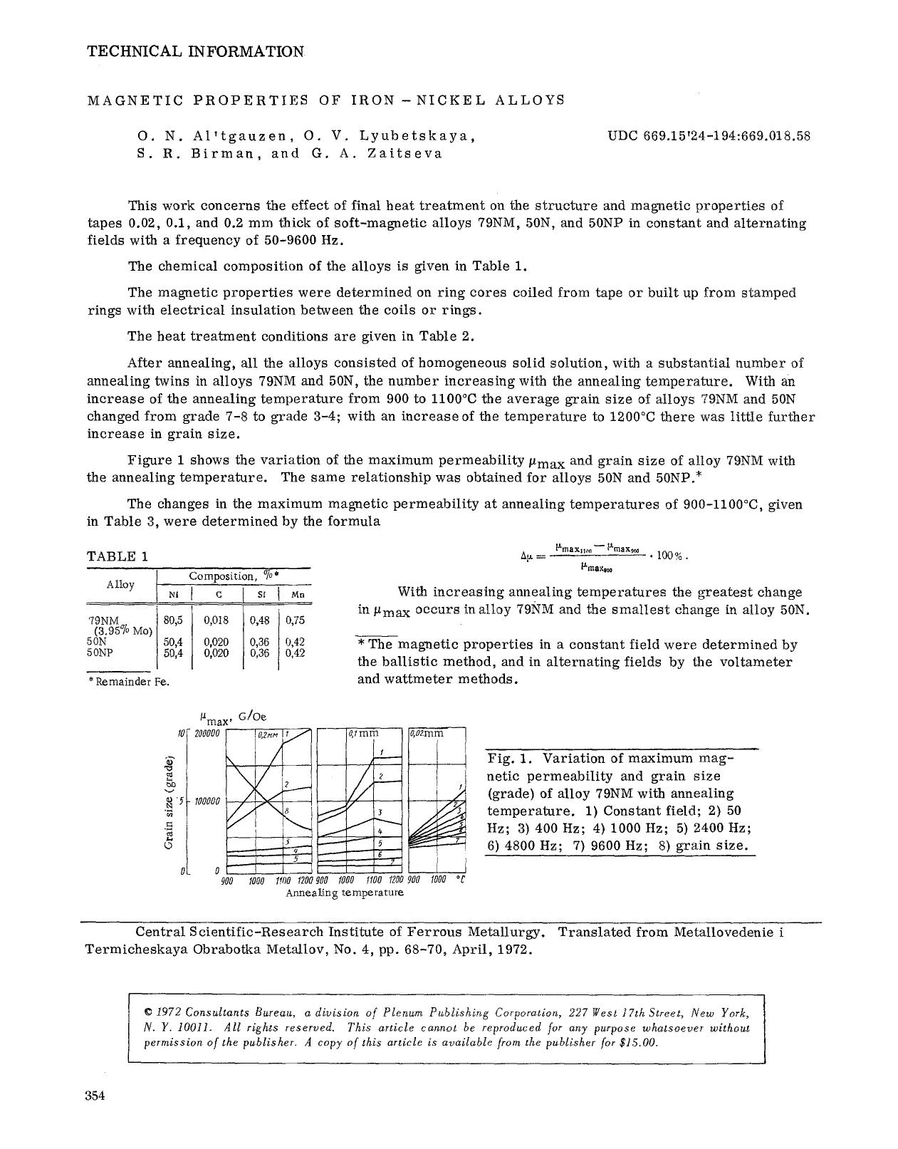 Magnetic properties of iron-nickel alloys by Unknown