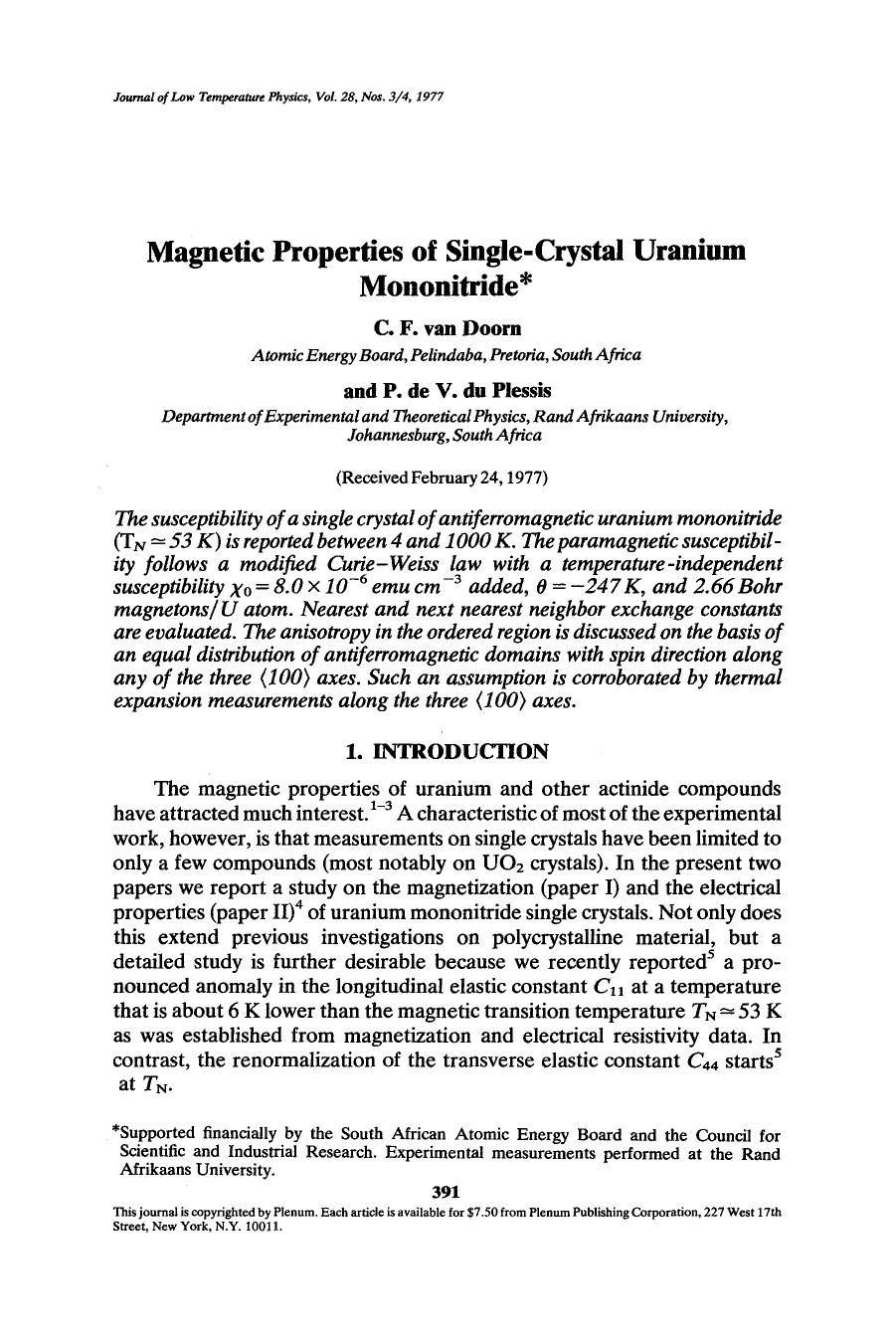 Magnetic properties of single-crystal uranium mononitride by Unknown