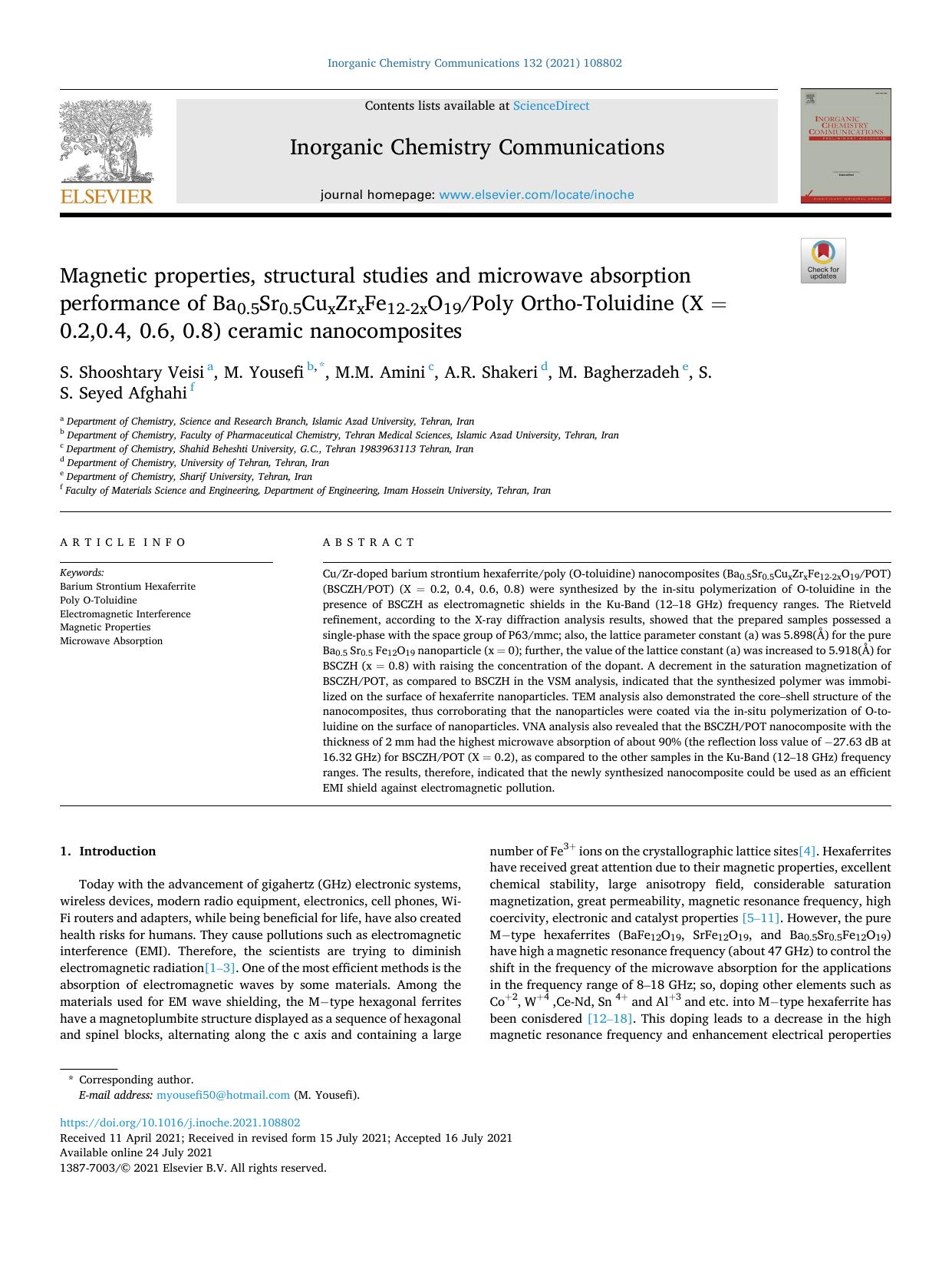 Magnetic properties, structural studies and microwave absorption performance of Ba0.5Sr0.5CuxZrxFe12-2xO19Poly Ortho-Toluidine (XÂ =Â 0.2,0.4, 0.6, 0.8) ceramic nanocomposites by S. Shooshtary Veisi