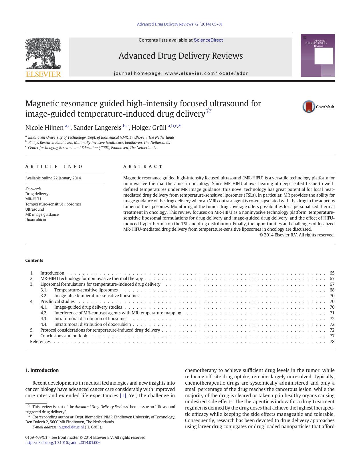 Magnetic resonance guided high-intensity focused ultrasound for image-guided temperature-induced drug delivery by Nicole Hijnen & Sander Langereis & Holger Grüll