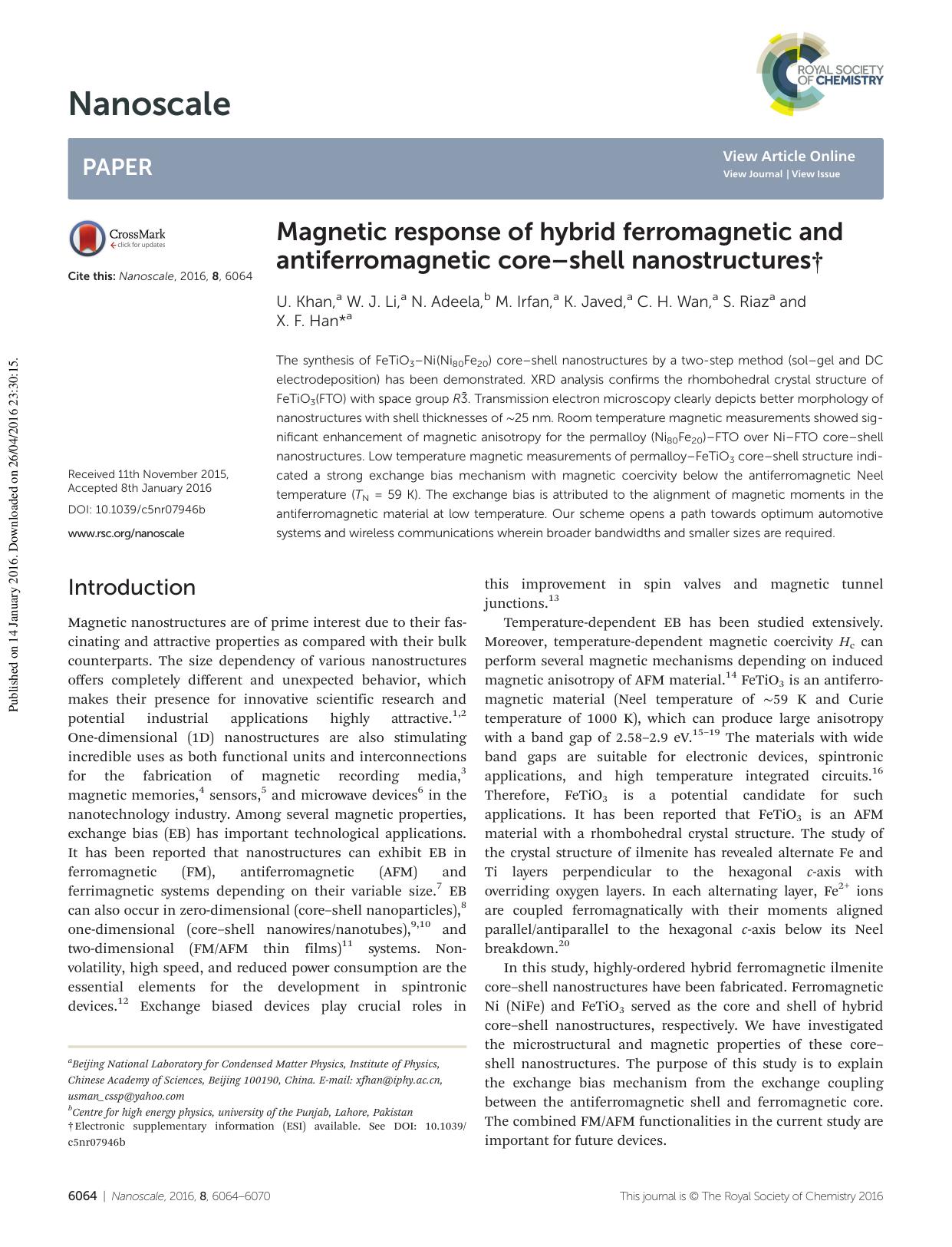 Magnetic response of hybrid ferromagnetic and antiferromagnetic coreâshell nanostructures by U. Khan W. J. Li N. Adeela M. Irfan K. Javed C. H. Wan S. Riaz X. F. Han