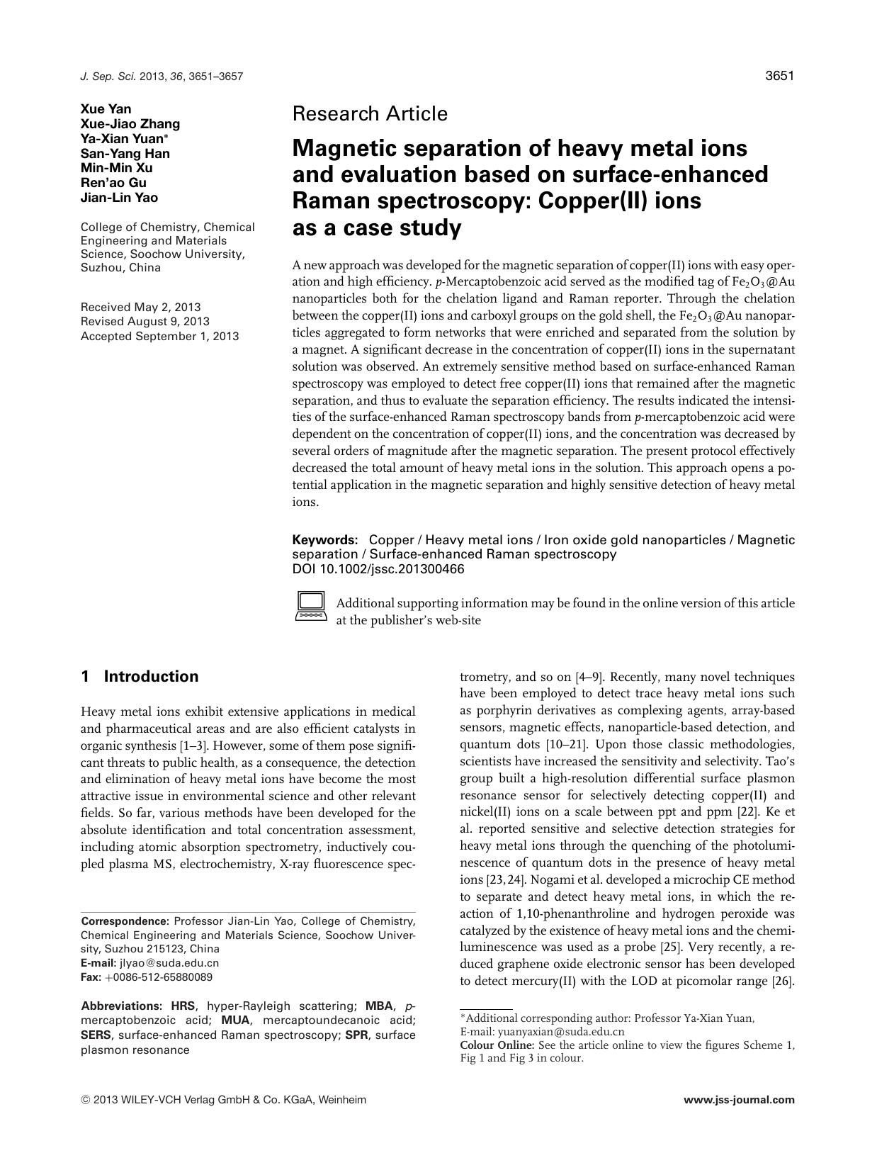 Magnetic separation of heavy metal ions and evaluation based on surface&#x26;#x02010;enhanced Raman spectroscopy: Copper(II) ions as a case study by Unknown