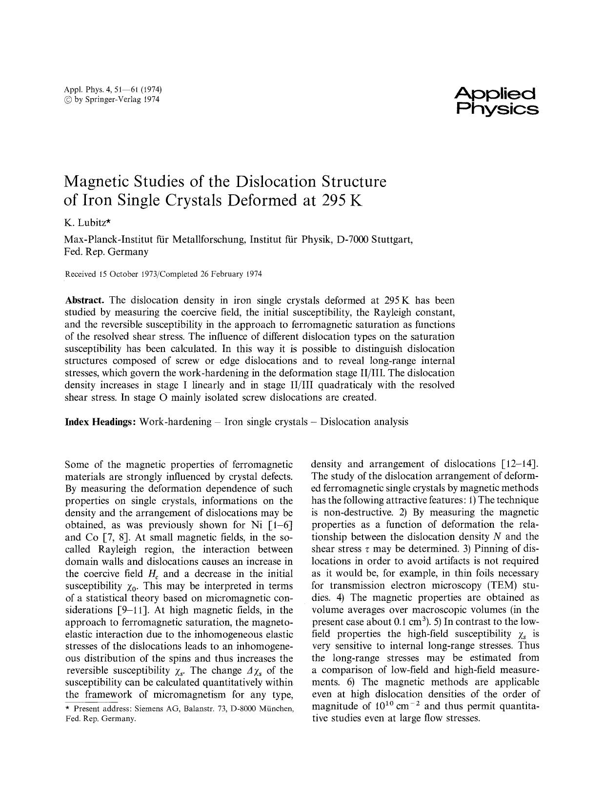 Magnetic studies of the dislocation structure of iron single crystals deformed at 295 K by Unknown