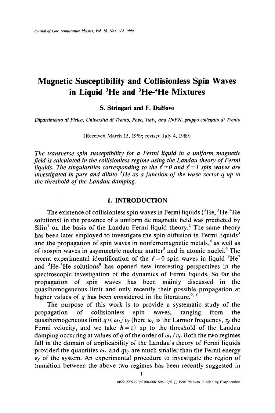 Magnetic susceptibility and collisionless spin waves in liquid <Superscript>3 <Superscript>He and <Superscript>3 <Superscript>He- <Superscript>4 <Superscript>He mixtures by Unknown