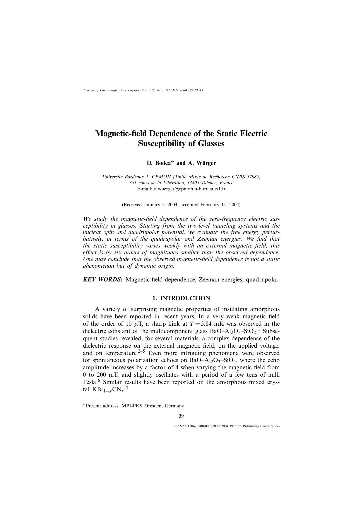 Magnetic-Field Dependence of the Static Electric Susceptibility of Glasses by Unknown