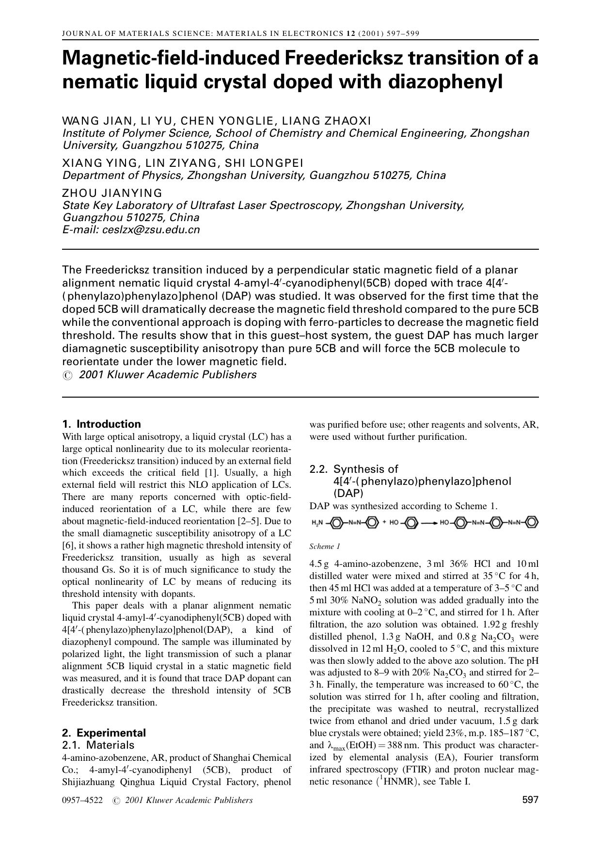 Magnetic-field-induced Freedericksz transition of a nematic liquid crystal doped with diazophenyl by Unknown