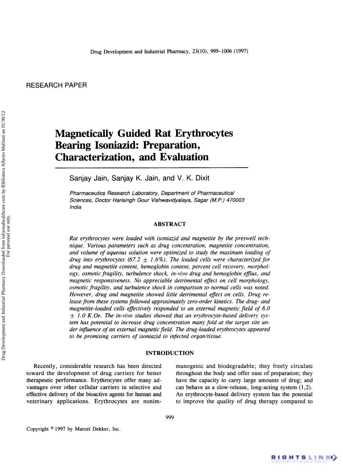 Magnetically Guided Rat Erythrocytes Bearing Isoniazid: Preparation, Characterization, and Evaluation by Sanjay Jain Sanjay K. Jain & V. K. Dixit