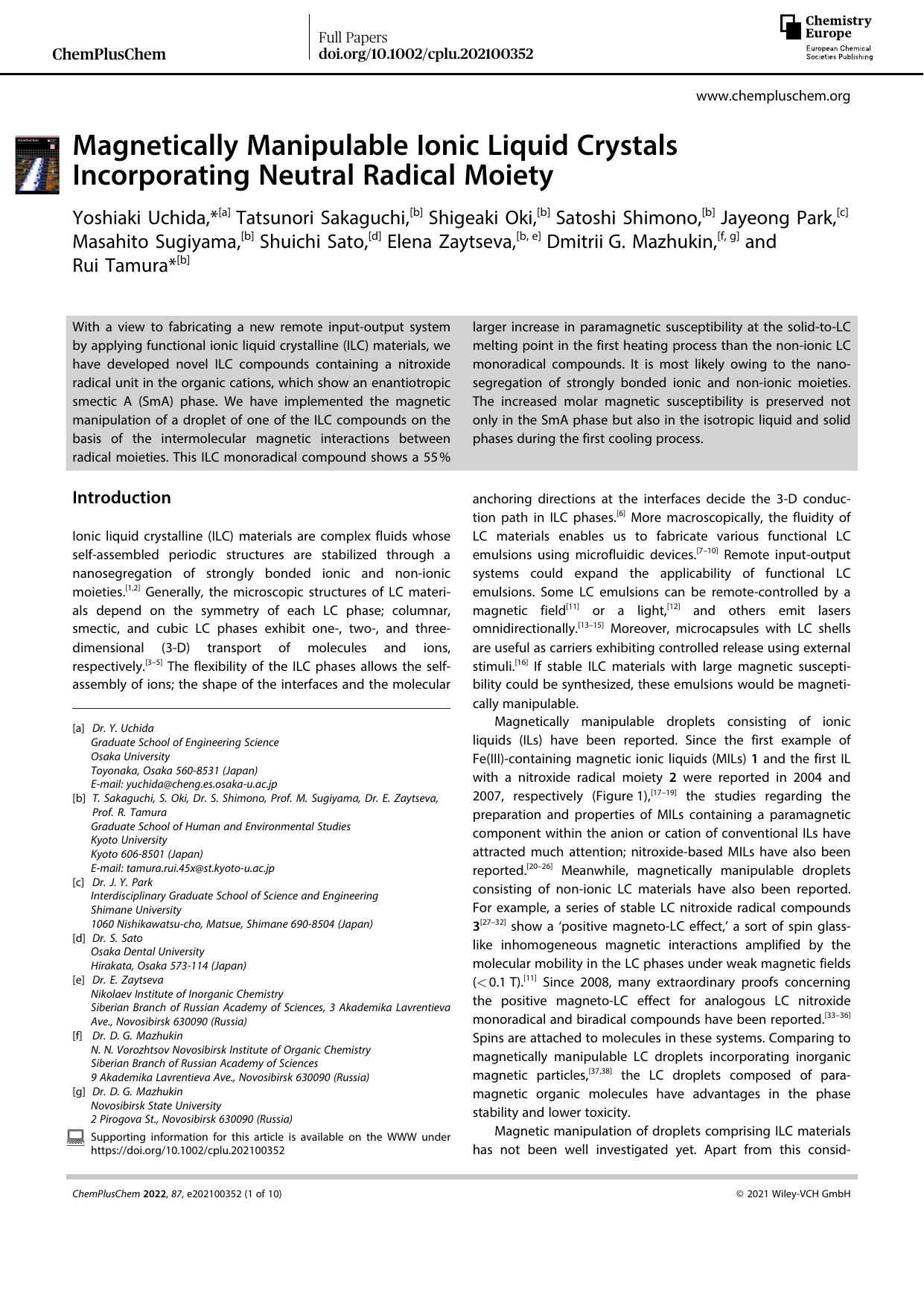 Magnetically Manipulable Ionic Liquid Crystals Incorporating Neutral Radical Moiety by Unknown