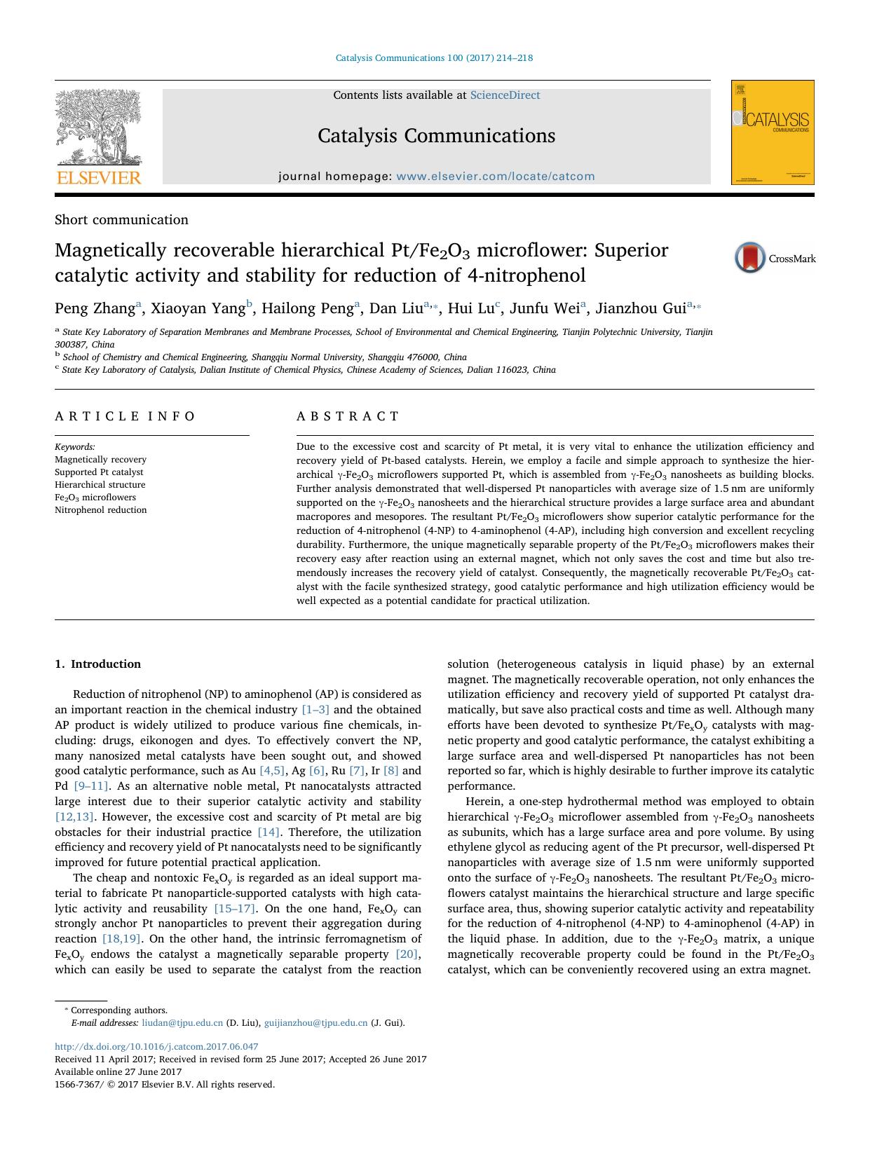 Magnetically recoverable hierarchical PtFe2O3 microflower_ Superior catalytic activity and stability for reduction of 4-nitrophenol by Peng Zhang & Xiaoyan Yang & Hailong Peng & Dan Liu & Hui Lu & Junfu Wei & Jianzhou Gui