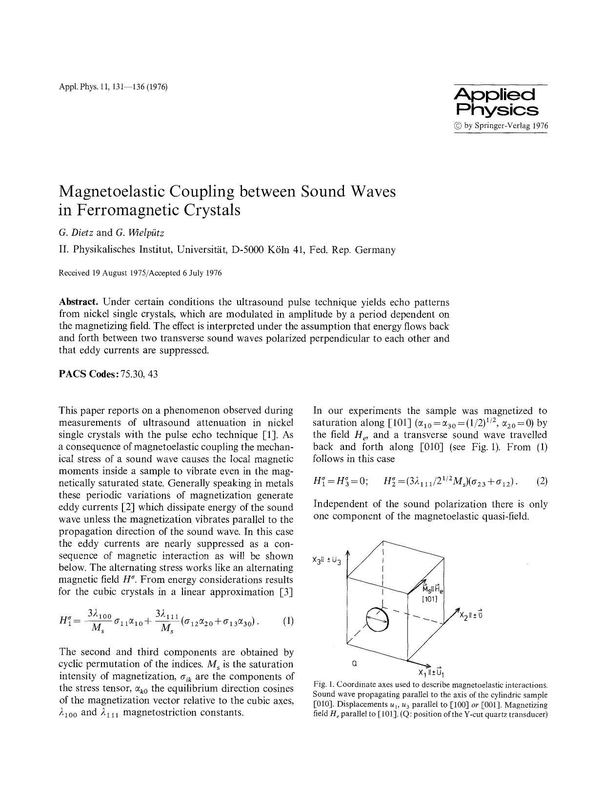 Magnetoelastic coupling between sound waves in ferromagnetic crystals by Unknown