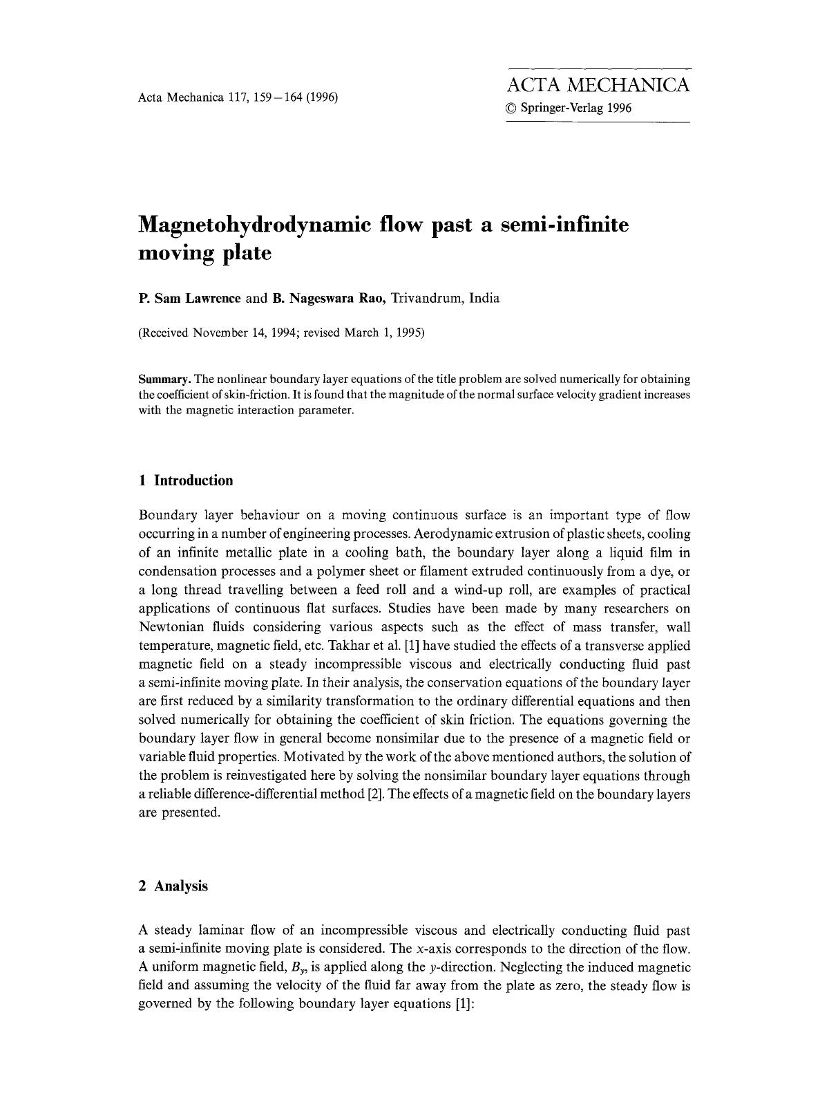 Magnetohydrodynamic flow past a semi-infinite moving plate by Unknown