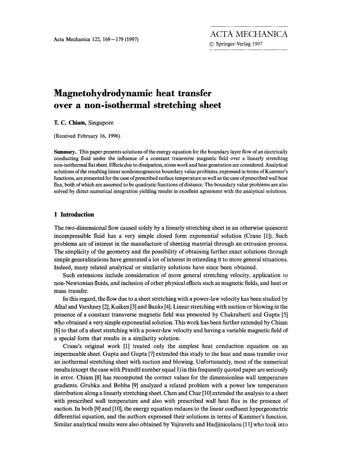 Magnetohydrodynamic heat transfer over a non-isothermal stretching sheet by Unknown