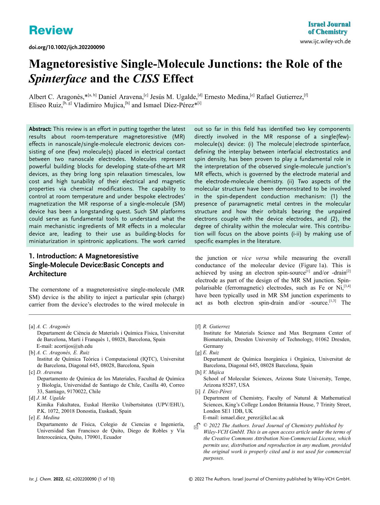 Magnetoresistive SingleâMolecule Junctions: the Role of the Spinterface and the CISS Effect by Unknown