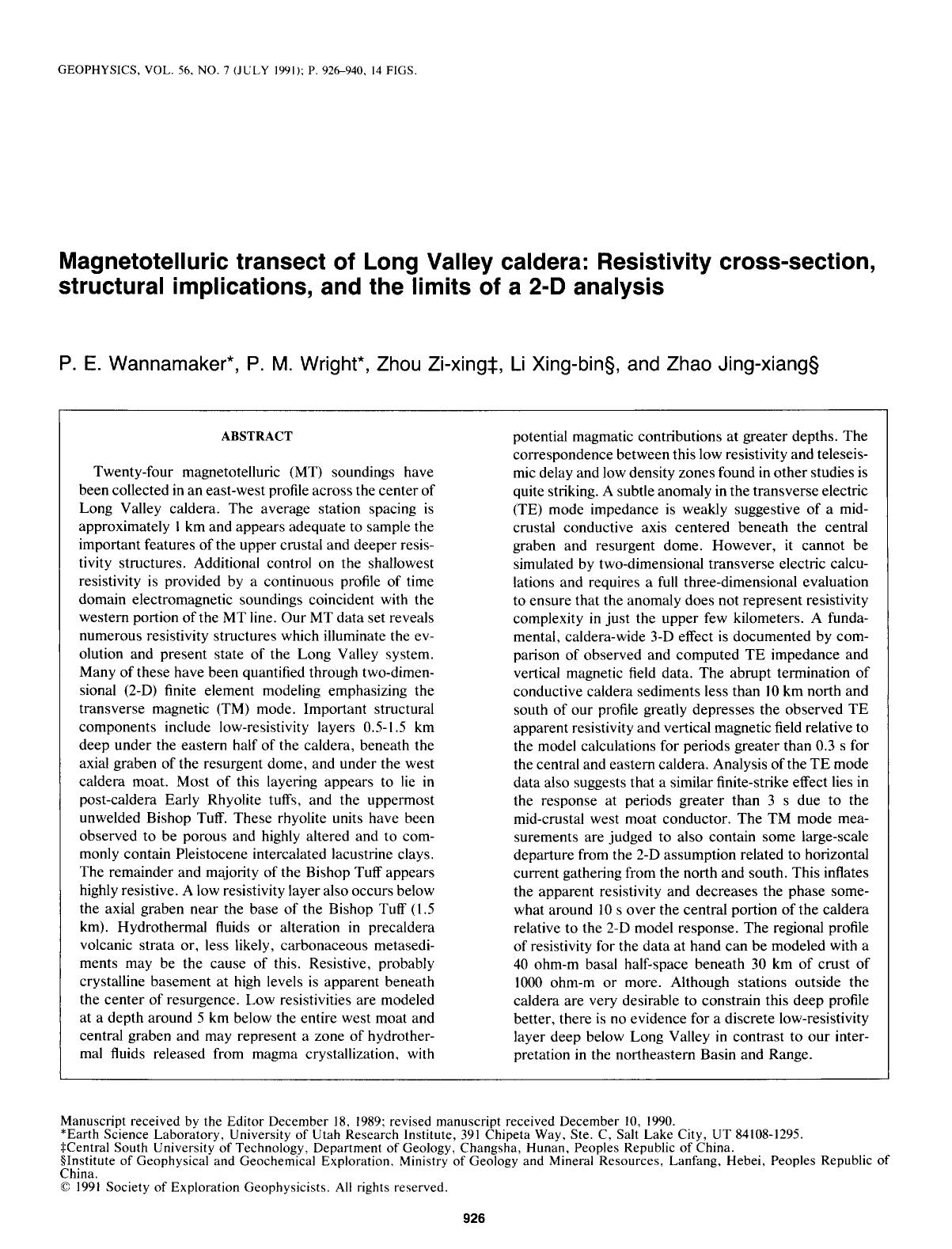 Magnetotelluric transect of Long Valley caldera: Resistivity cross-section, structural implications, and the limits of a 2-D analysis by Wannamaker P. E.; Wright P. M.; Zi-Xing Z.; Xing-Bin L.; Jing-Xiang Z