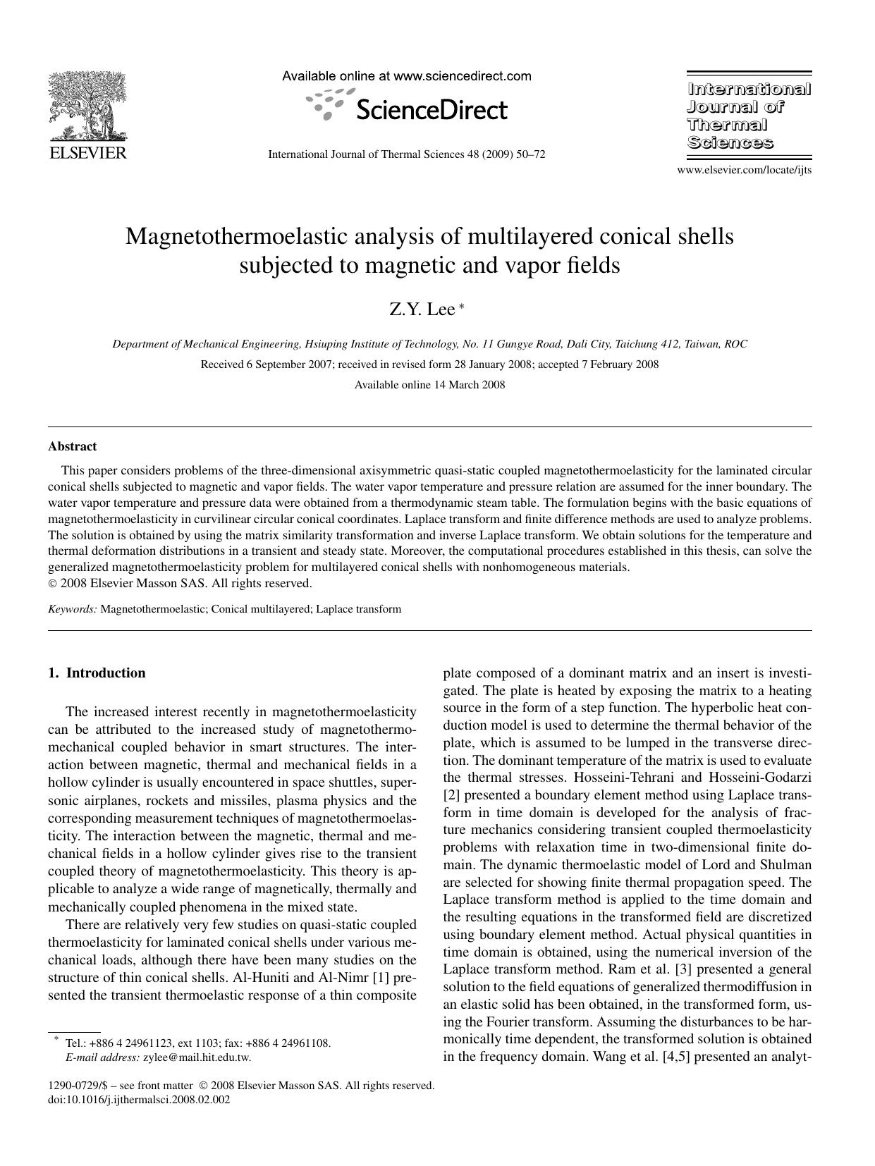 Magnetothermoelastic analysis of multilayered conical shells subjected to magnetic and vapor fields by Z.Y. Lee