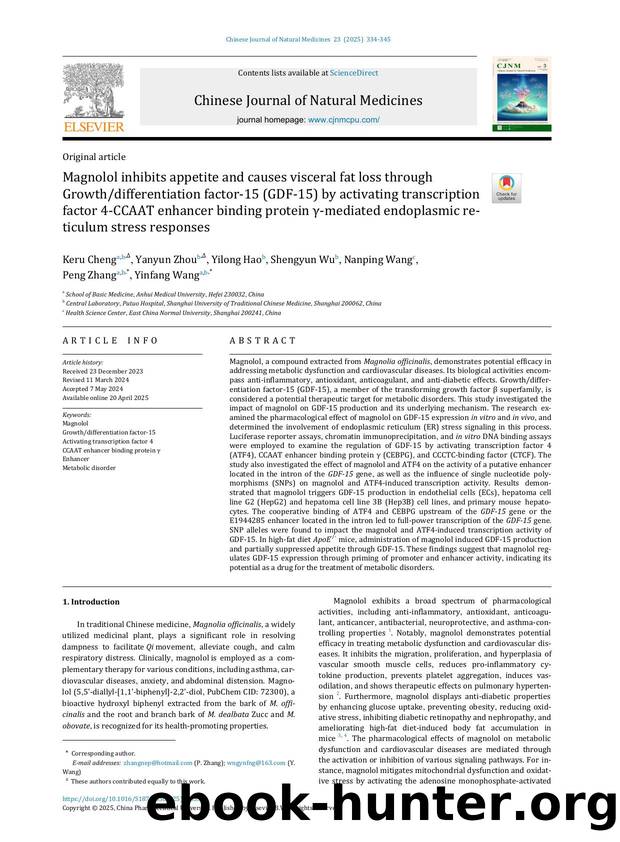 Magnolol inhibits appetite and causes visceral fat loss through Growthdifferentiation factor-15 (GDF-15) by activating transcription factor 4-CCAAT enhancer binding protein ÃÂ³-me by Keru Cheng & Yanyun Zhou & Yilong Hao & Shengyun Wu & Nanping Wang & Peng Zhang & Yinfang Wang