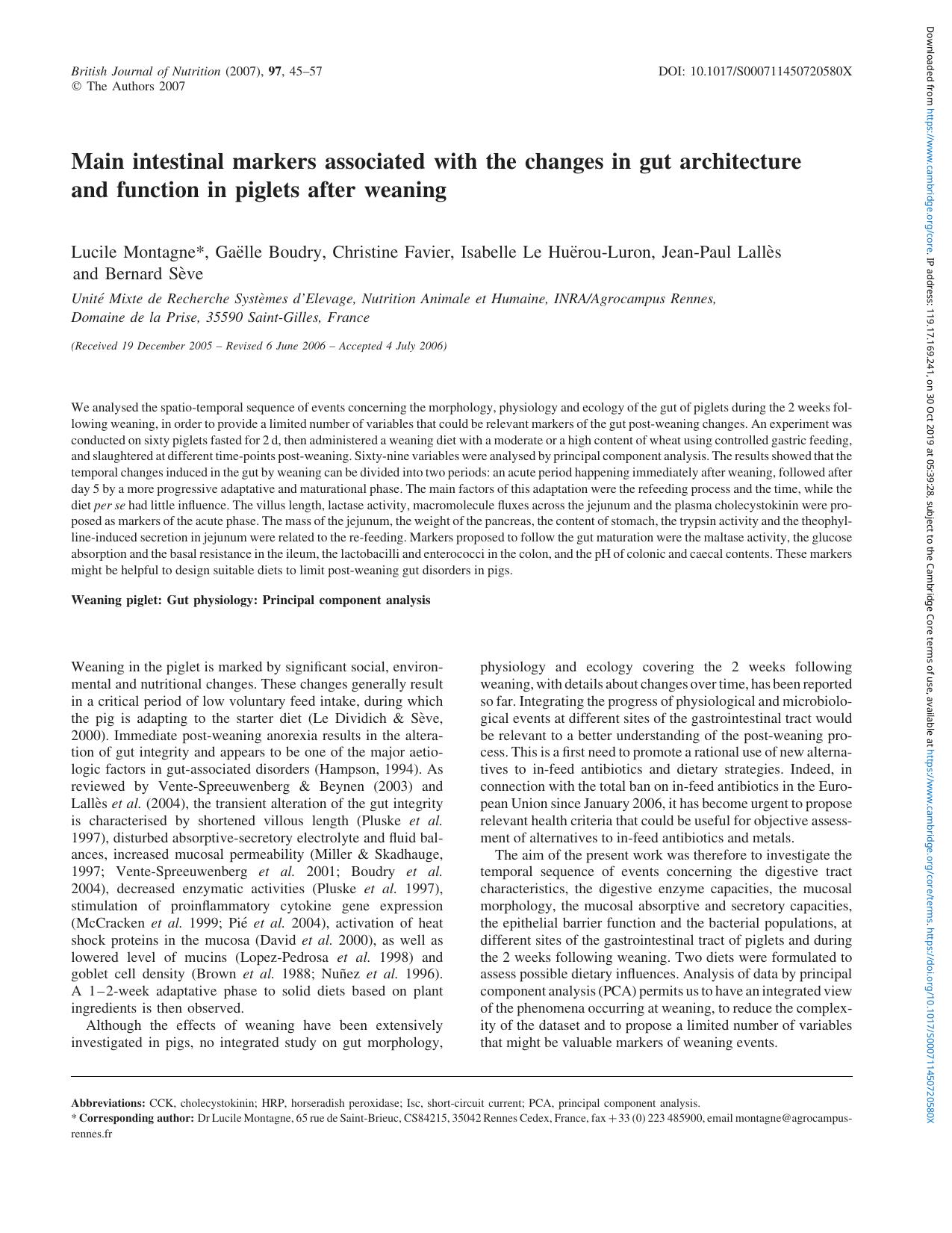 Main intestinal markers associated with the changes in gut architecture and function in piglets after weaning by unknow