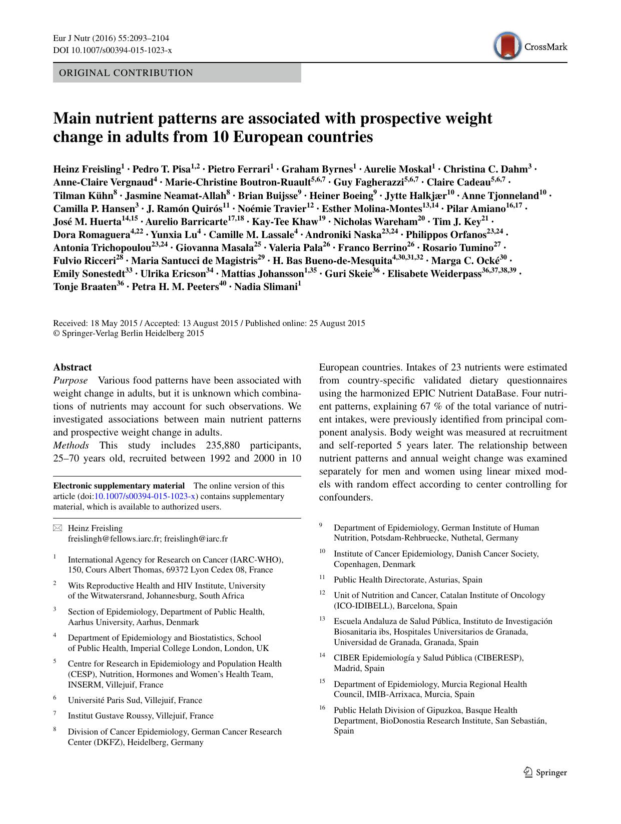 Main nutrient patterns are associated with prospective weight change in adults from 10 European countries by unknow