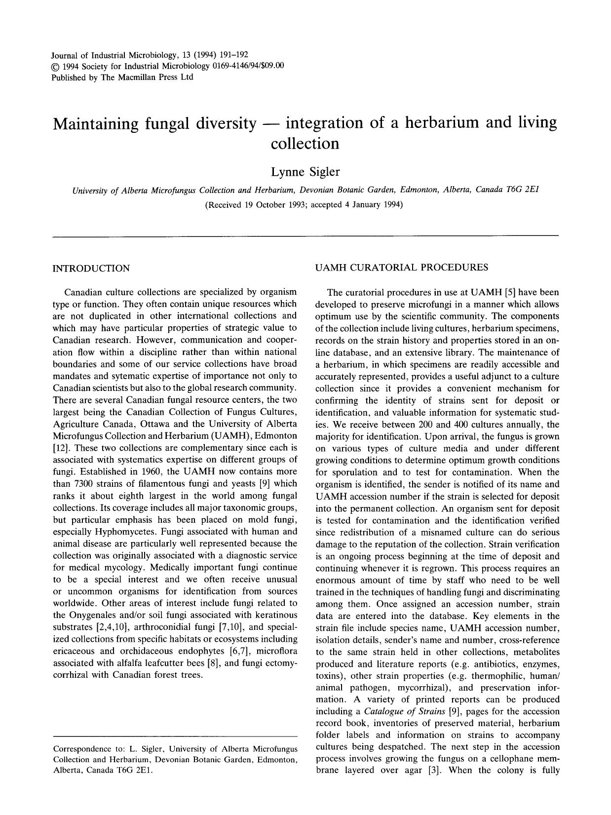 Maintaining fungal diversity &#x2014; integration of a herbarium and living collection by Unknown