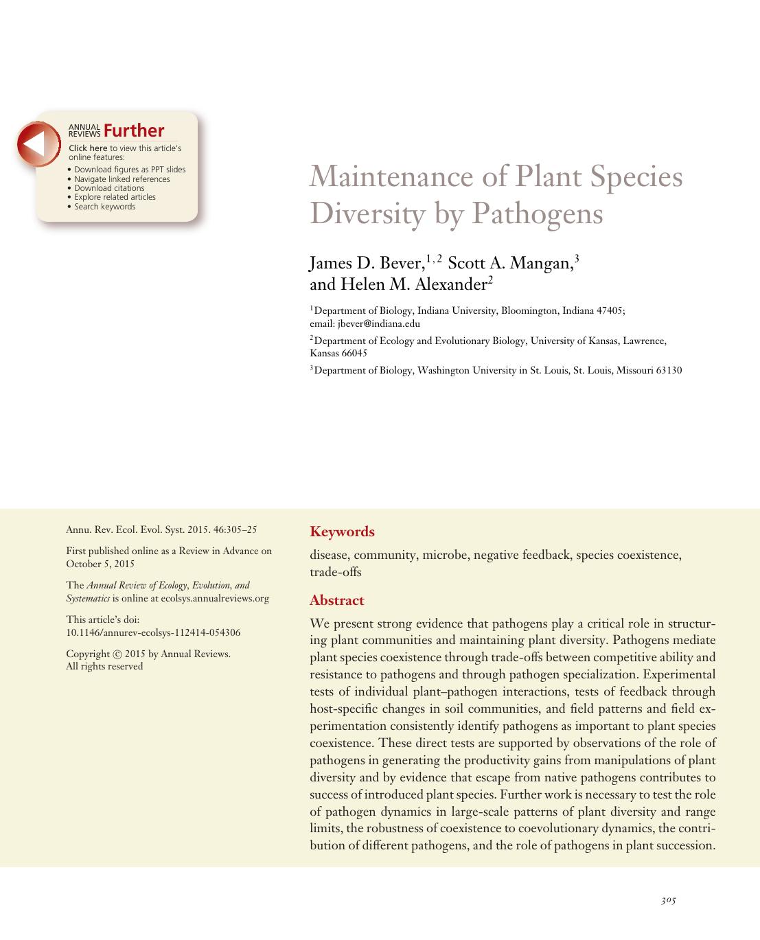 Maintenance of Plant Species Diversity by Pathogens by James D. Bever Scott A. Mangan Helen M. Alexander