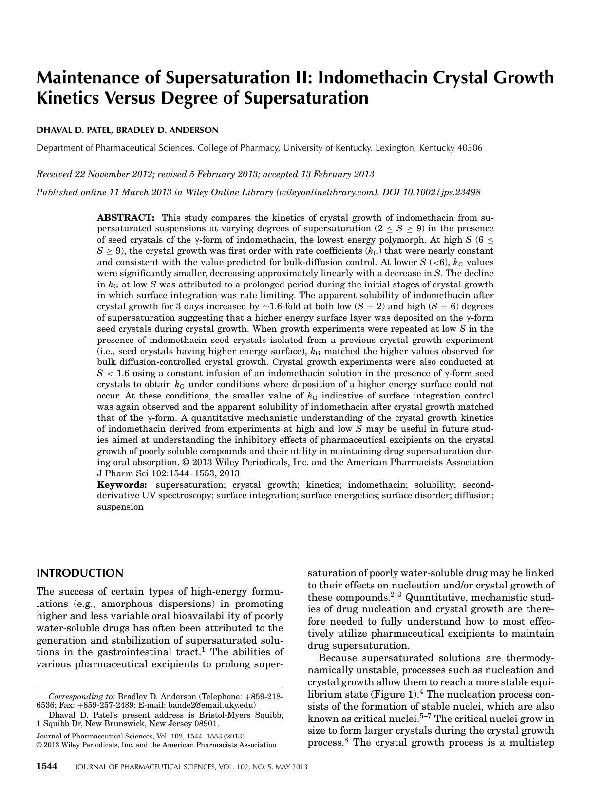 Maintenance of supersaturation II: Indomethacin crystal growth kinetics versus degree of supersaturation by Unknown