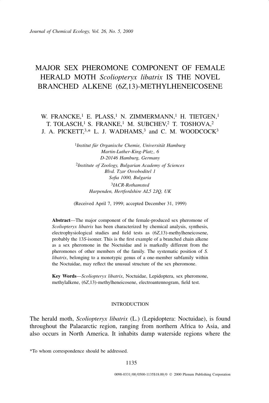 Major Sex Pheromone Component of Female Herald Moth Scoliopteryx libatrix is the Novel Branched Alkene (6Z,13)-Methylheneicosene by Unknown