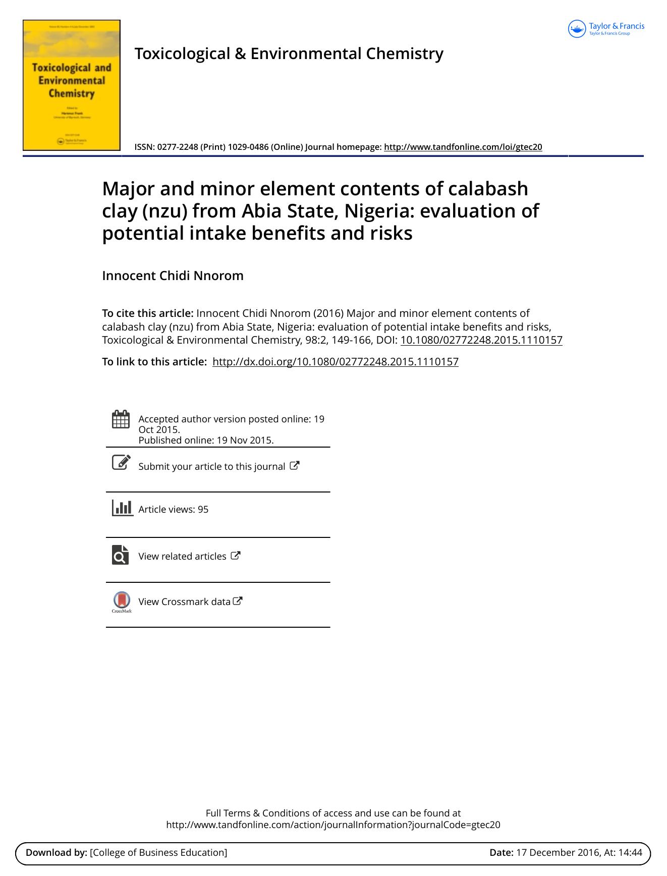 Major and minor element contents of calabash clay \(nzu\) from Abia State, Nigeria: evaluation of potential intake benefits and risks by Innocent Chidi Nnorom