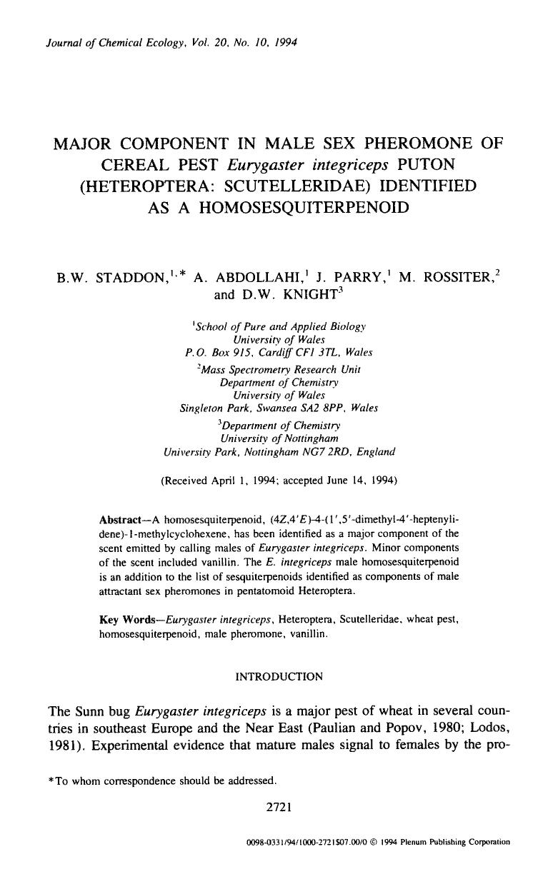 Major component in male sex pheromone of cereal pest <Emphasis Type="Italic">Eurygaster integriceps <Emphasis> puton (Heteroptera: Scutelleridae) identified as a homosesquiterpenoid by Unknown