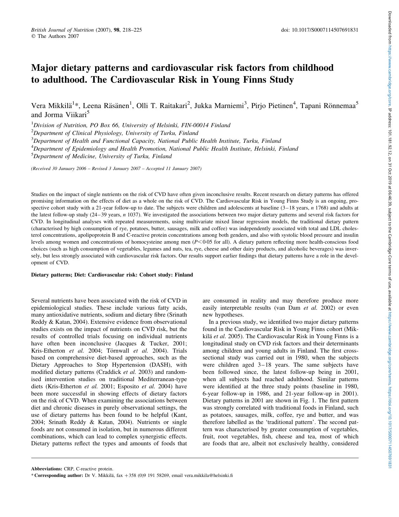 Major dietary patterns and cardiovascular risk factors from childhood to adulthood. The Cardiovascular Risk in Young Finns Study by unknow