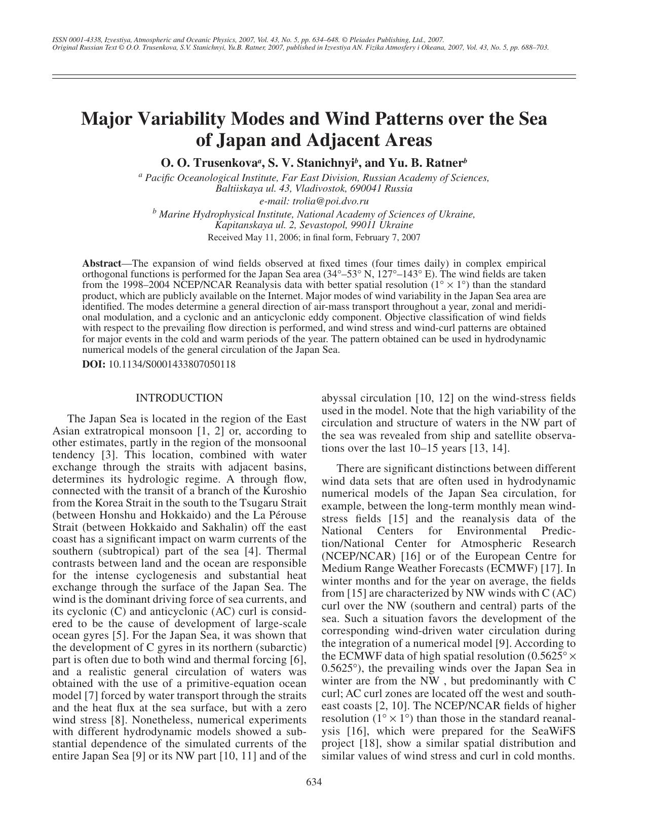 Major variability modes and wind patterns over the Sea of Japan and adjacent areas by Unknown