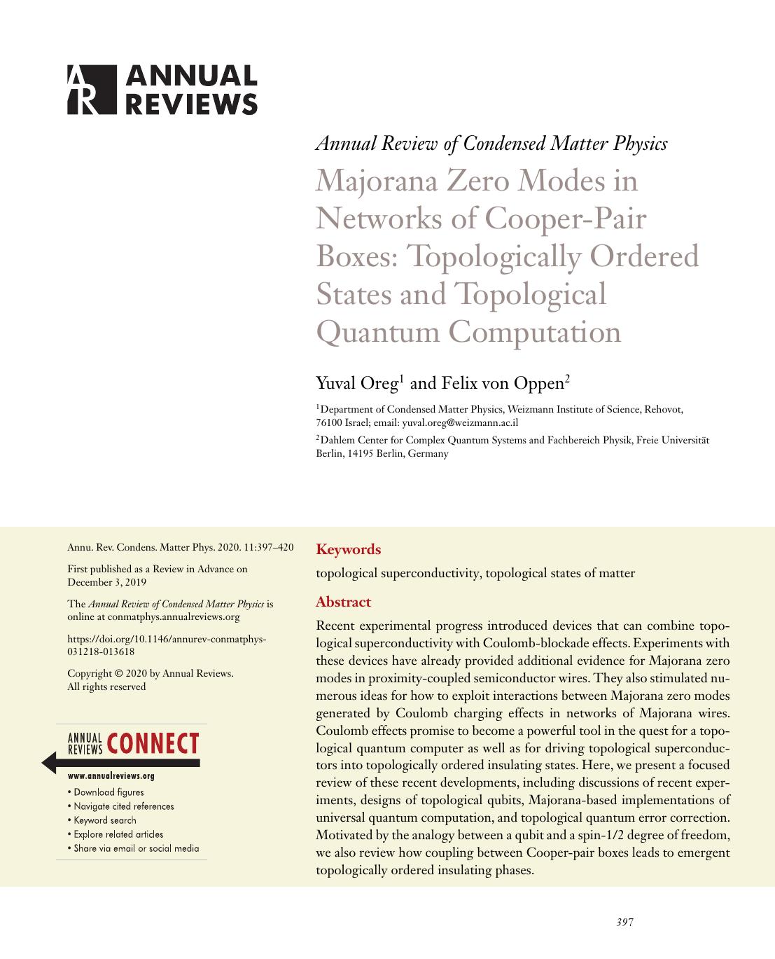 Majorana Zero Modes in Networks of Cooper-Pair Boxes: Topologically Ordered States and Topological Quantum Computation by Yuval Oreg and Felix von Oppen