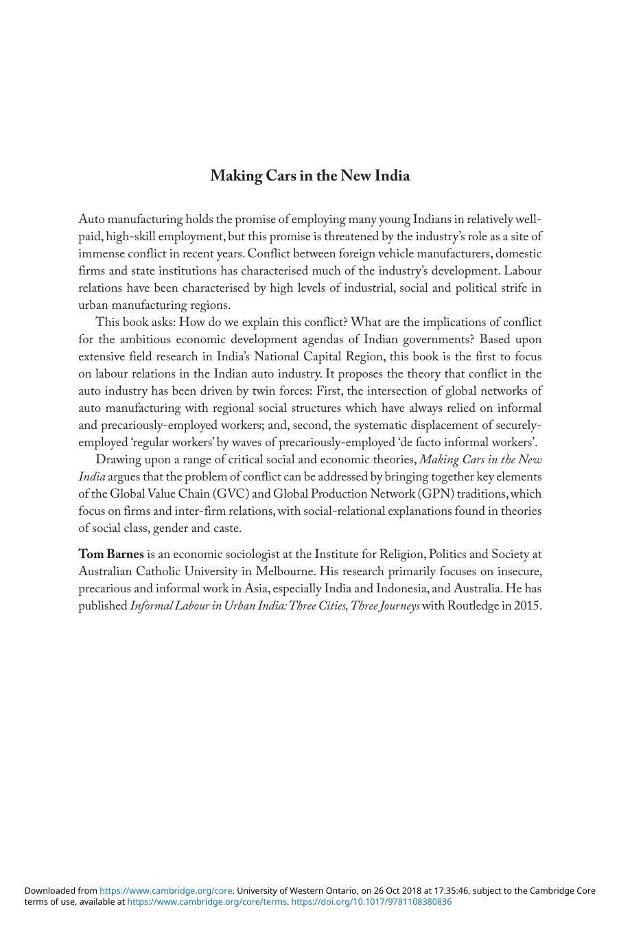 Making Cars in the New India: Industry, Precarity and Informality by Tom Barnes