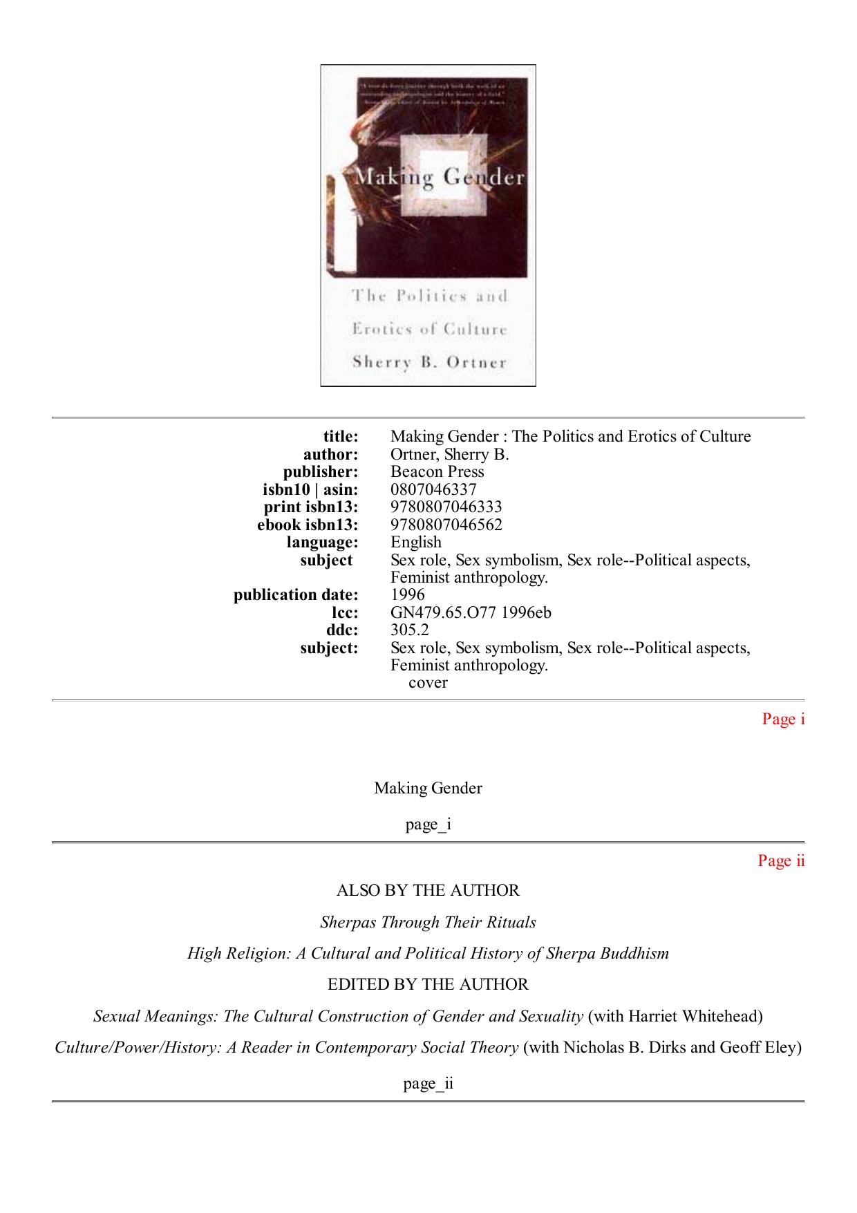 Making Gender: The Politics and Erotics of Culture by Unknow
