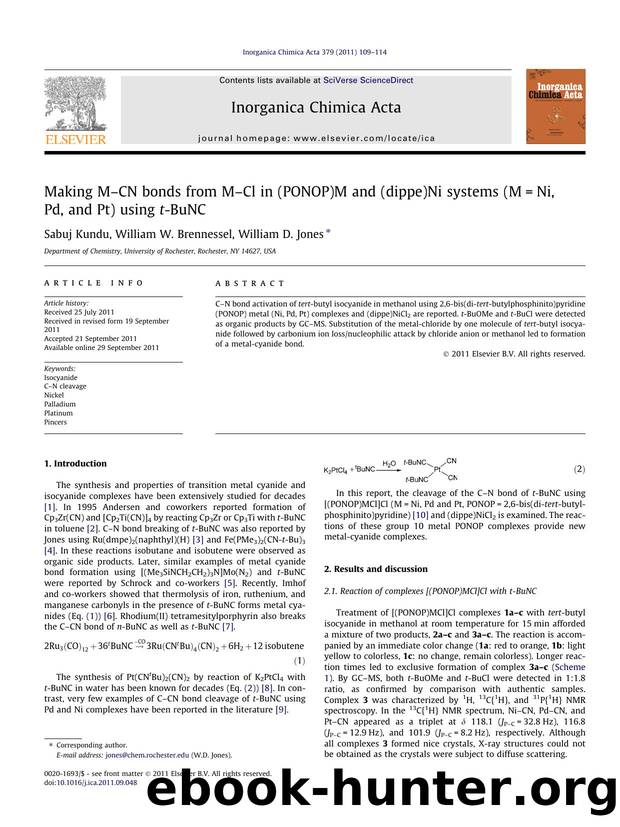 Making MÃ¢â¬âCN bonds from MÃ¢â¬âCl in (PONOP)M and (dippe)Ni systems (M=Ni, Pd, and Pt) using t-BuNC by Sabuj Kundu & William W. Brennessel & William D. Jones