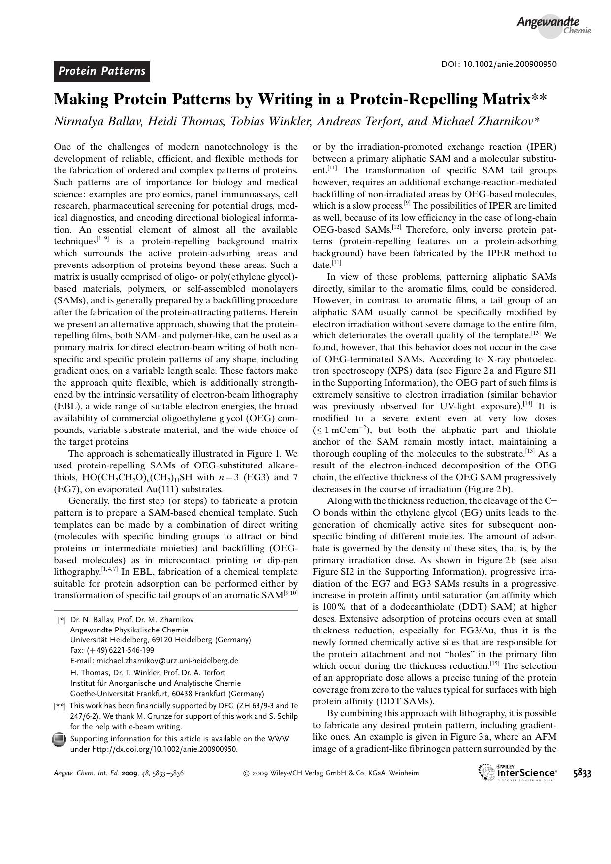 Making Protein Patterns by Writing in a Protein-Repelling Matrix by Unknown