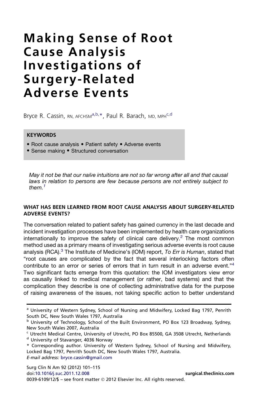 Making Sense of Root Cause Analysis Investigations of Surgery-Related Adverse Events by Bryce R. Cassin RN AFCHSM & Paul R. Barach MD MPH