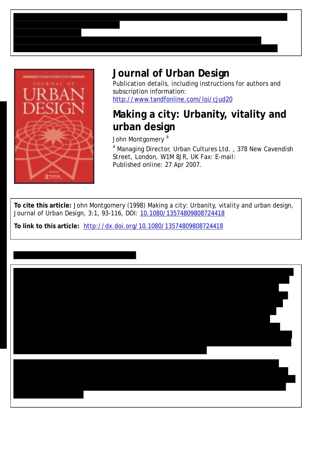 Making a city: Urbanity, vitality and urban design by Montgomery J