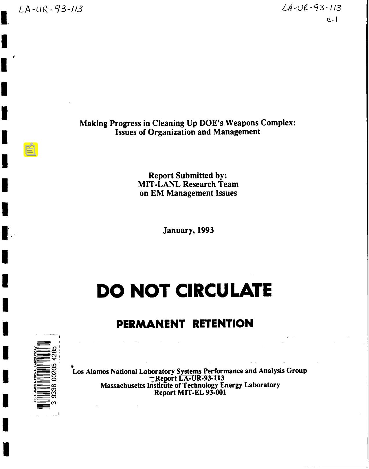 Making progress in cleaning up DOE s weapons complex : issues of organization and management None by LANL Research Library LWW Project
