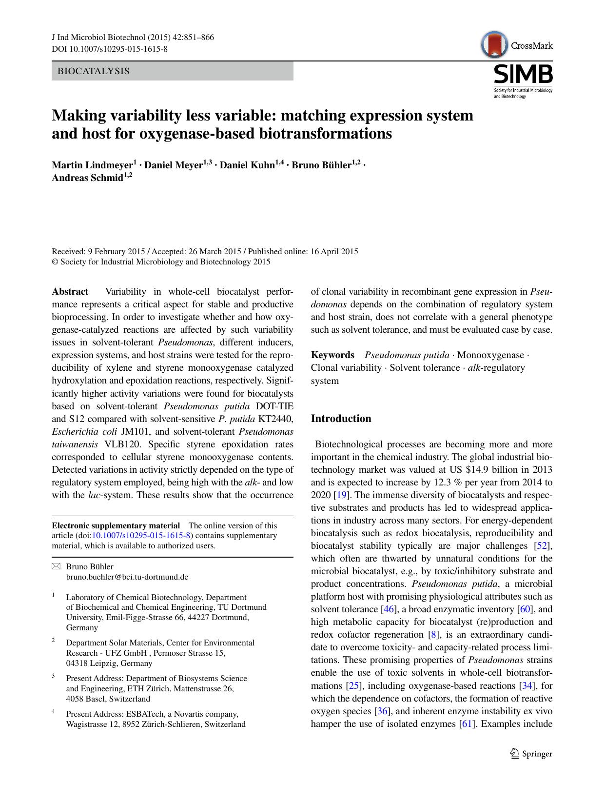 Making variability less variable: matching expression system and host for oxygenase-based biotransformations by Martin Lindmeyer & Daniel Meyer & Daniel Kuhn & Bruno Bühler & Andreas Schmid
