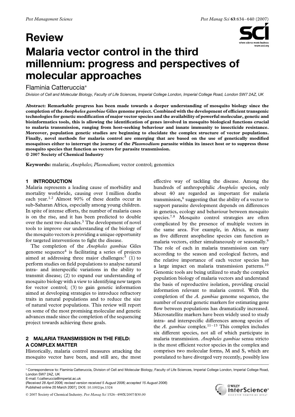 Malaria vector control in the third millennium: progress and perspectives of molecular approaches by Unknown