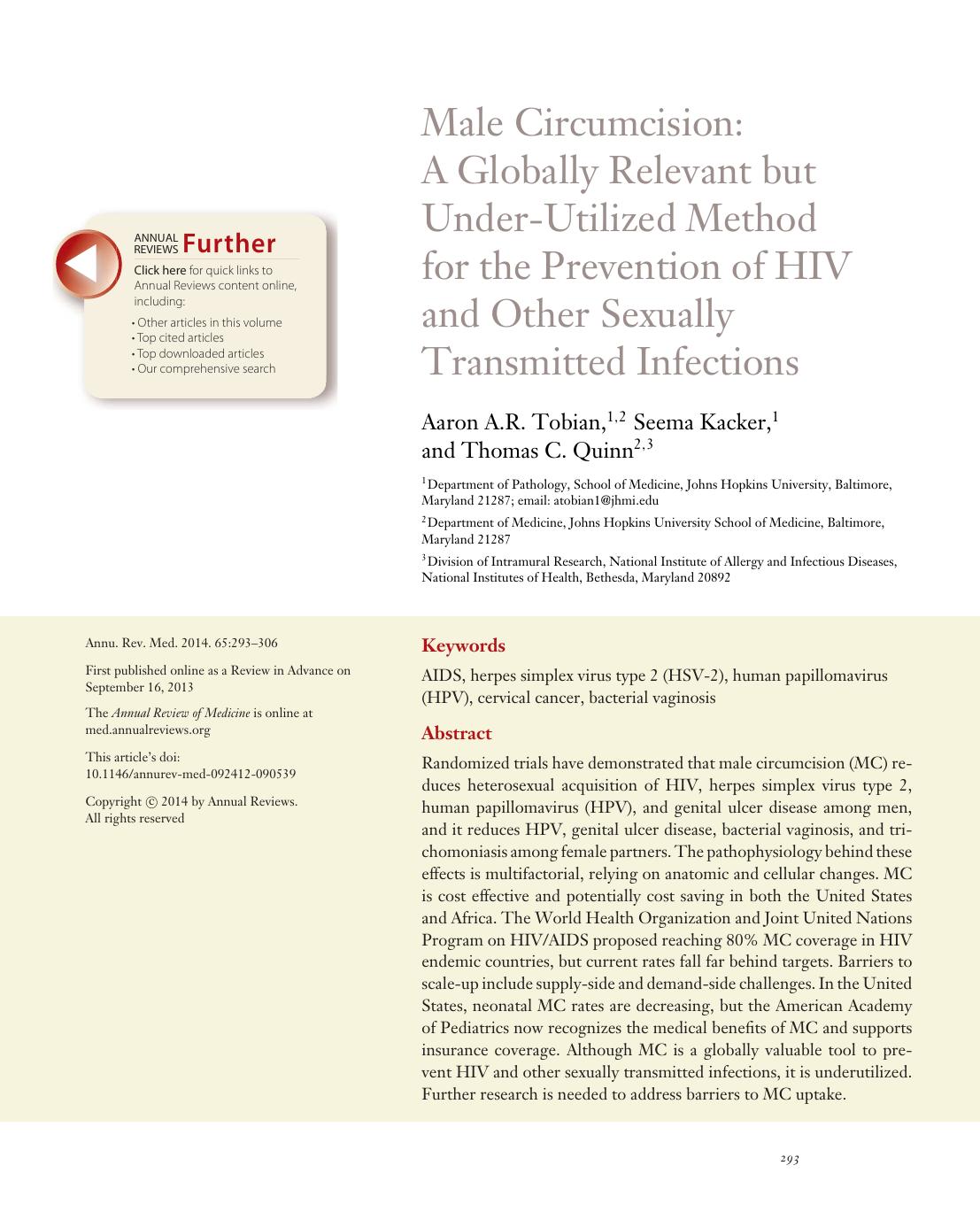 Male Circumcision: A Globally Relevant but Under-Utilized Method for the Prevention of HIV and Other Sexually Transmitted Infections by Aaron A.R. Tobian Seema Kacker Thomas C. Quinn