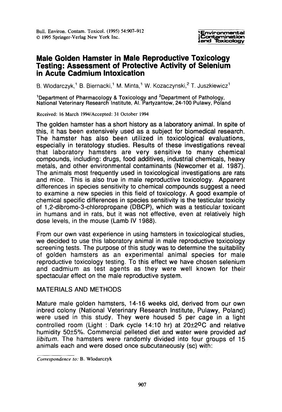 Male golden hamster in male reproductive toxicology testing: Assessment of protective activity of selenium in acute cadmium intoxication by Unknown