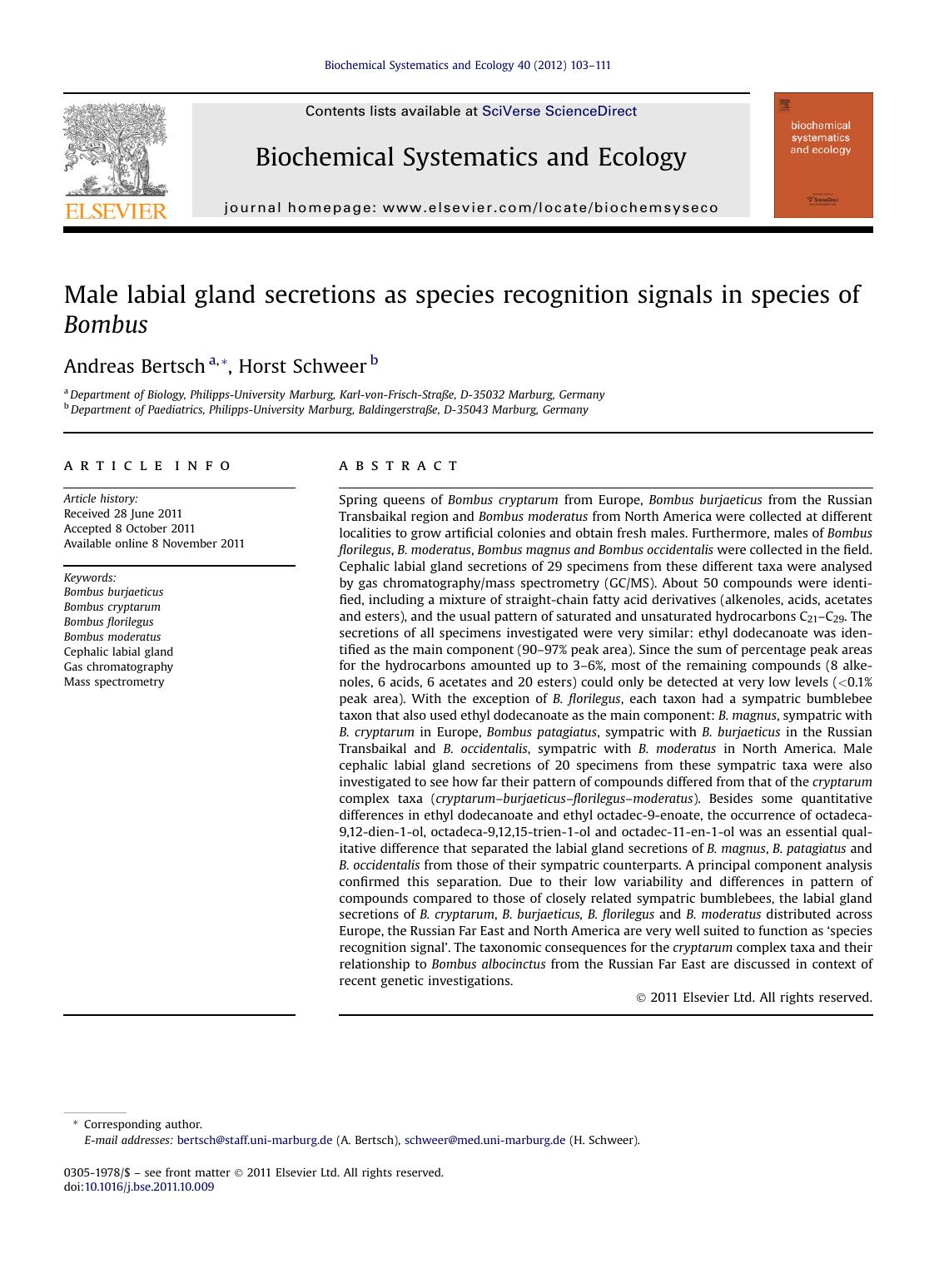Male labial gland secretions as species recognition signals in species of Bombus by Andreas Bertsch & Horst Schweer