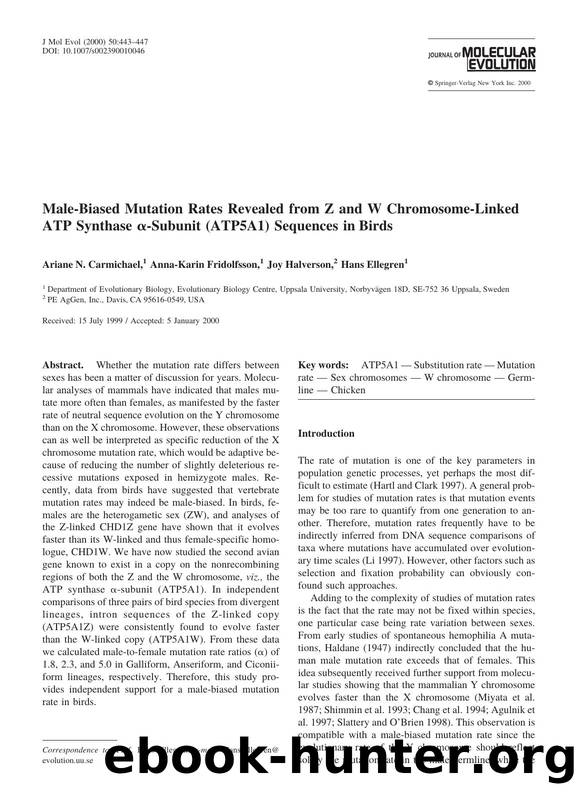 Male-Biased Mutation Rates Revealed from Z and W Chromosome-Linked ATP Synthase &alpha;-Subunit (ATP5A1) Sequences in Birds by Carmichael A. et al