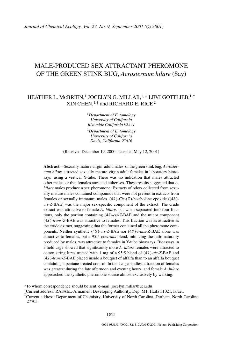 Male-Produced Sex Attractant Pheromone of the Green Stink Bug, Acrosternum hilare (Say) by Unknown