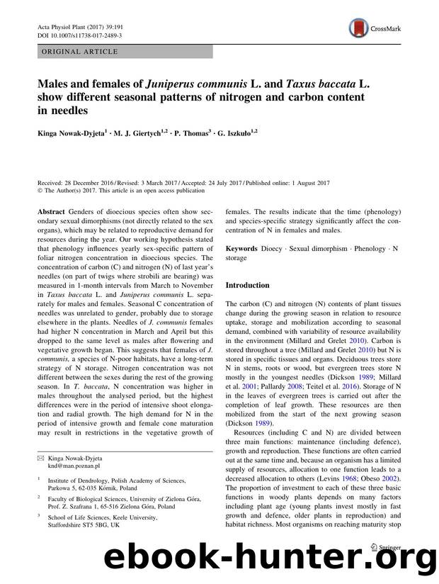 Males and females of Juniperus communis L. and Taxus baccata L. show different seasonal patterns of nitrogen and carbon content in needles by Kinga Nowak-Dyjeta & M. J. Giertych & P. Thomas & G. Iszkuło